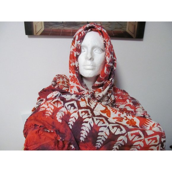 Bali Long Scarf with Autumn Colors and Leaf Designs - Picture 5 of 12